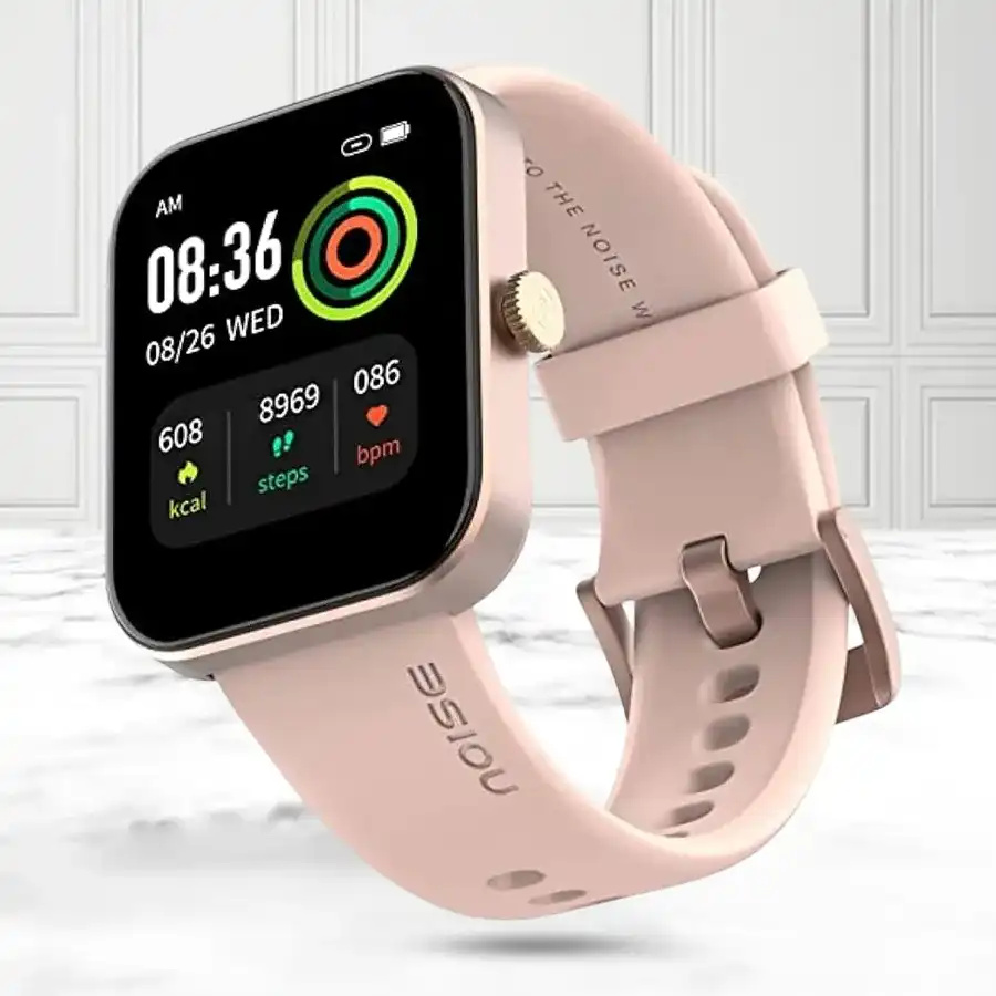 Fab Noise ColourFit Pulse Grand Smart Watch in Champagne Grey with fitness tracking features and elegant design.