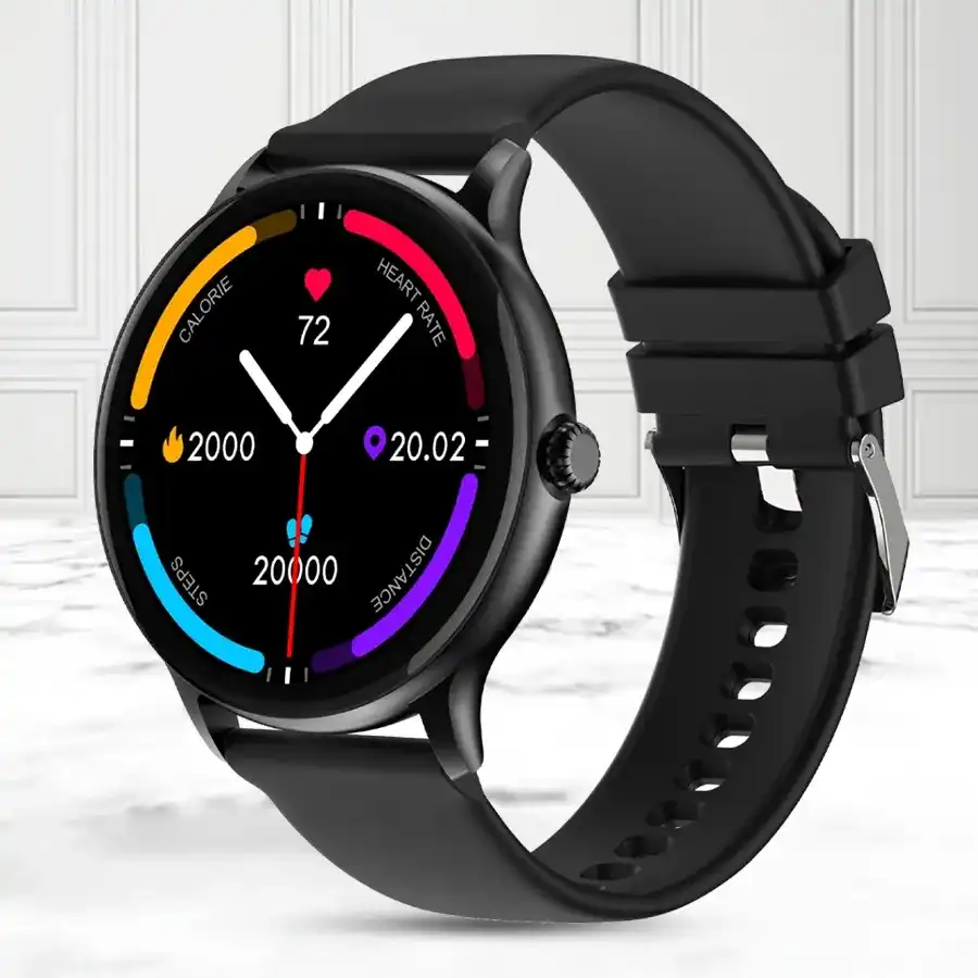 Dashing Fire-Boltt Phoenix Pro Bluetooth Calling Smartwatch in black, featuring AI assistance and fitness tracking.