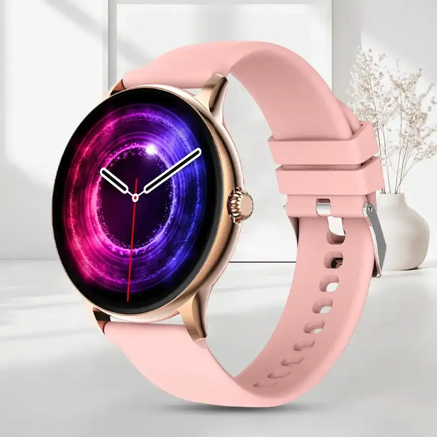 Fire-Boltt Phoenix Smart Watch in Gold Pink with Bluetooth calling and fitness tracking features.