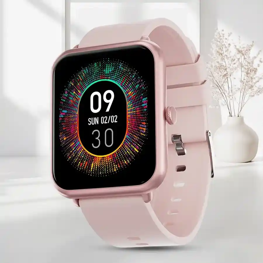 Fire-Boltt Ninja Call Pro Dual Chip Bluetooth Smart Watch in pink with fitness tracking features and AI Voice Assistant.