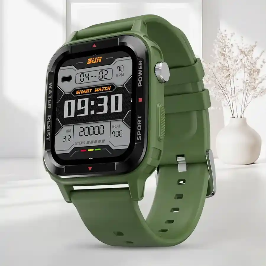 Rugged green Fire-Boltt Tank Bluetooth Smart Watch with large display and 123 sports modes, ideal for outdoor enthusiasts.