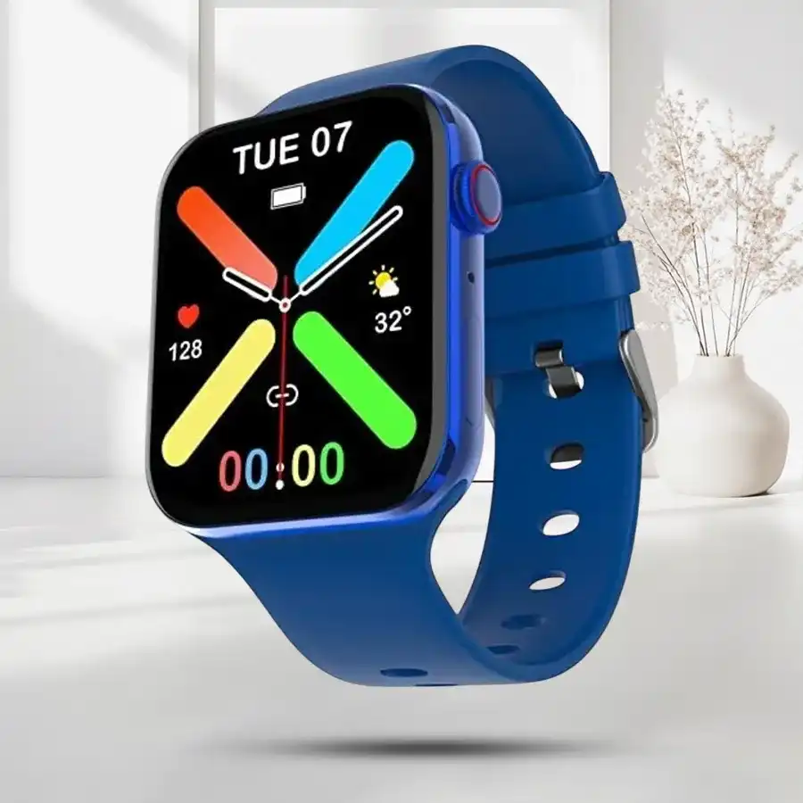 Trendsetting Fire-Boltt Visionary BT Smart Watch in blue with AMOLED display and fitness tracking features.