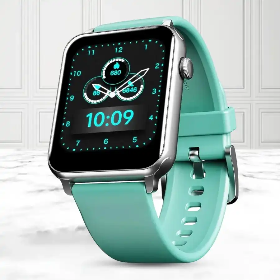 boAt Wave Call Smart Watch in vibrant Caribbean Green, showcasing multiple watch faces and fitness tracking features.