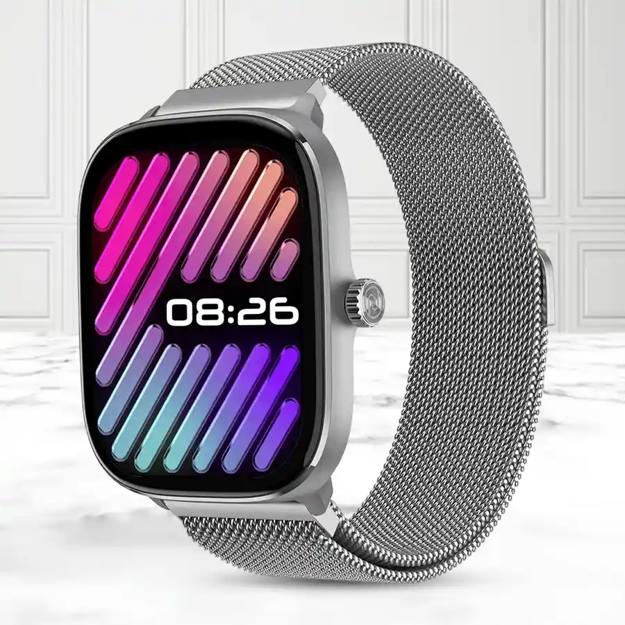 Noise New Macro Smartwatch in Silver Link with HD display and Bluetooth calling features.