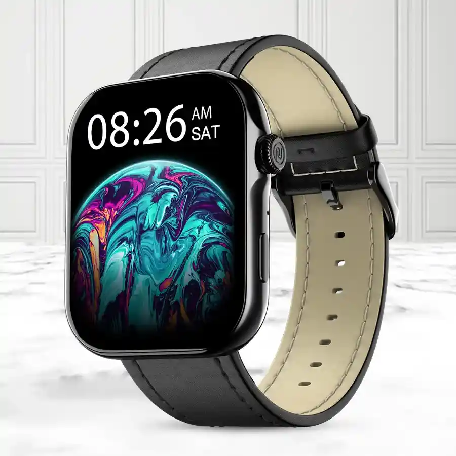 Noise ColorFit Ultra 3 Smartwatch in Classic Black with AMOLED display and leather strap.