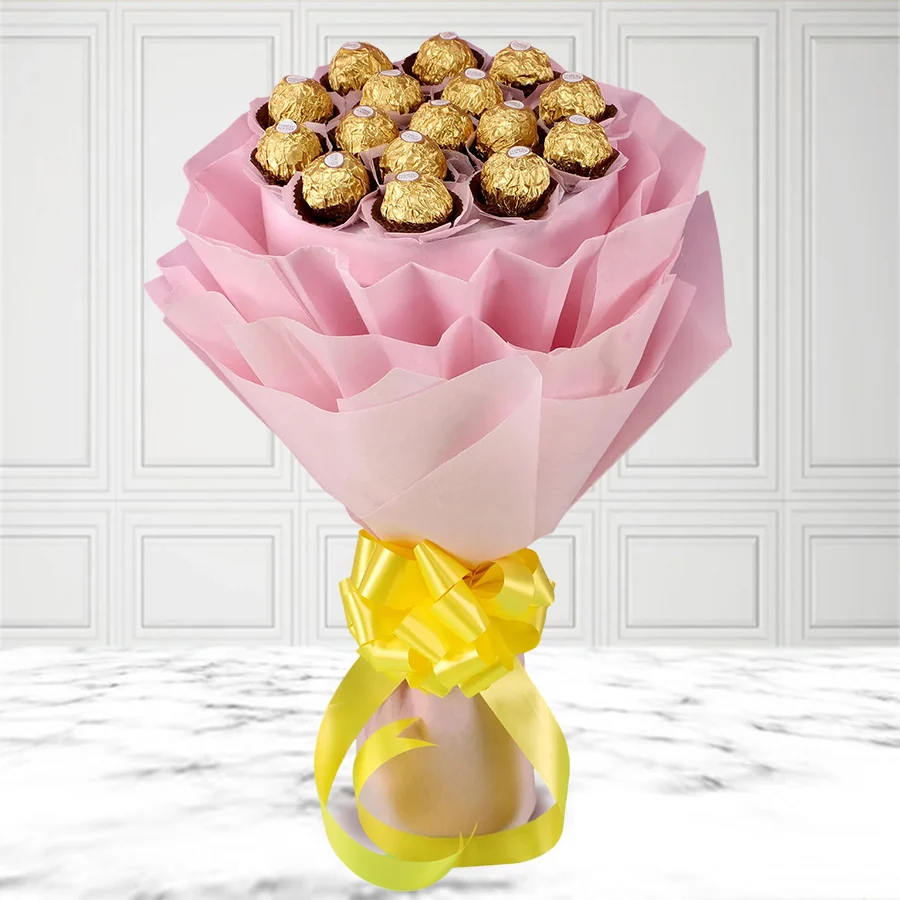 A beautiful bouquet featuring 2 dozen Ferrero Rocher chocolates, elegantly wrapped with colorful tissue.