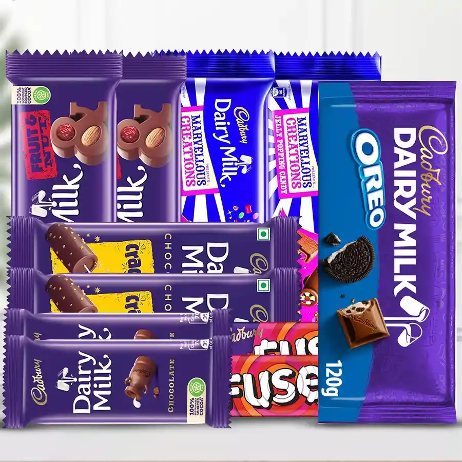 An assortment of Cadbury chocolates including various flavors and bars, perfect for gifting or personal enjoyment.
