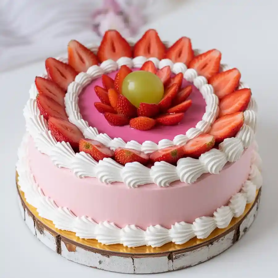 Freshly baked Strawberry Sensation Cake from famous bakeries in Mumbai, featuring luscious strawberry cream and fresh strawberries.