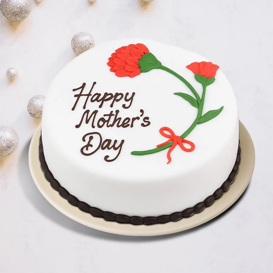 Round Vanilla Cake for Mother's Day with roses and message.