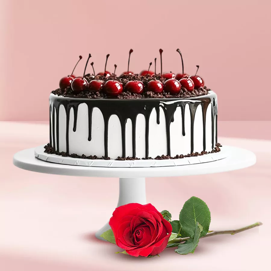 Black Forest Cake and Red Rose gift combo, perfect for special occasions.