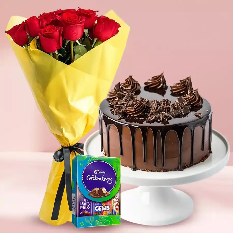 A beautiful gift combo featuring red roses, a chocolate cake, and a Mini Cadbury Celebrations pack. Perfect for expressing love and affection.