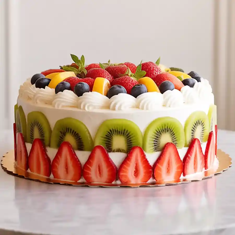 A beautifully decorated 1 Kg eggless fresh fruit cake, perfect for celebrations, bursting with seasonal fruits and offering a delightful taste experience.