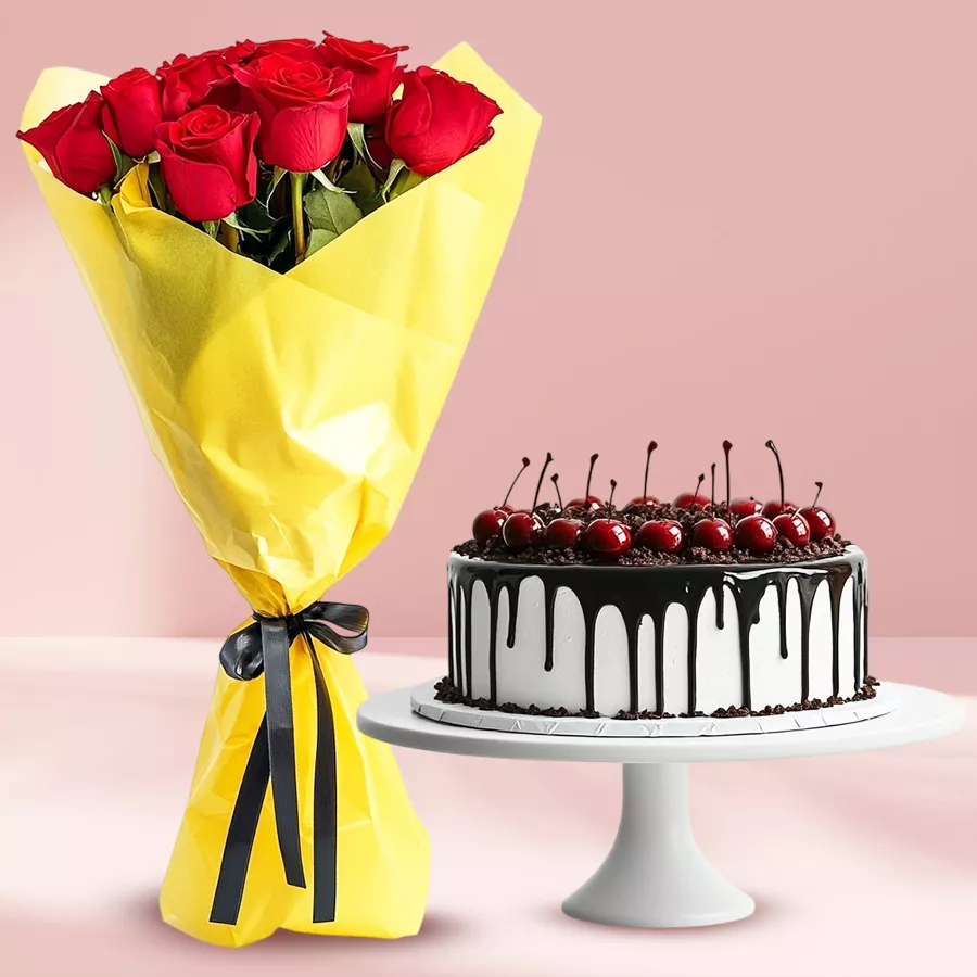 A romantic combo of a 1 lb Black Forest Cake and a bouquet of 10 red roses, symbolizing love and celebration.