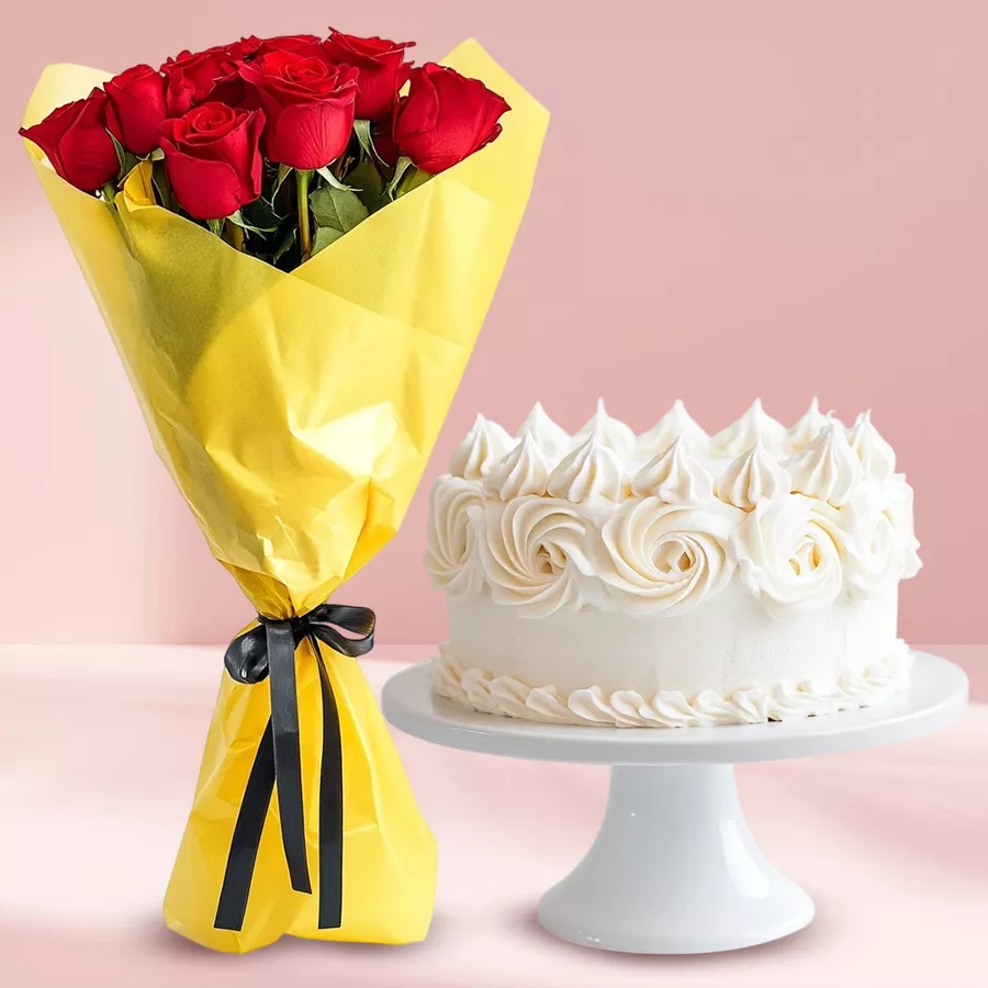 Sweet Vanilla Cake with a bouquet of 10 red roses, symbolizing love and elegance.