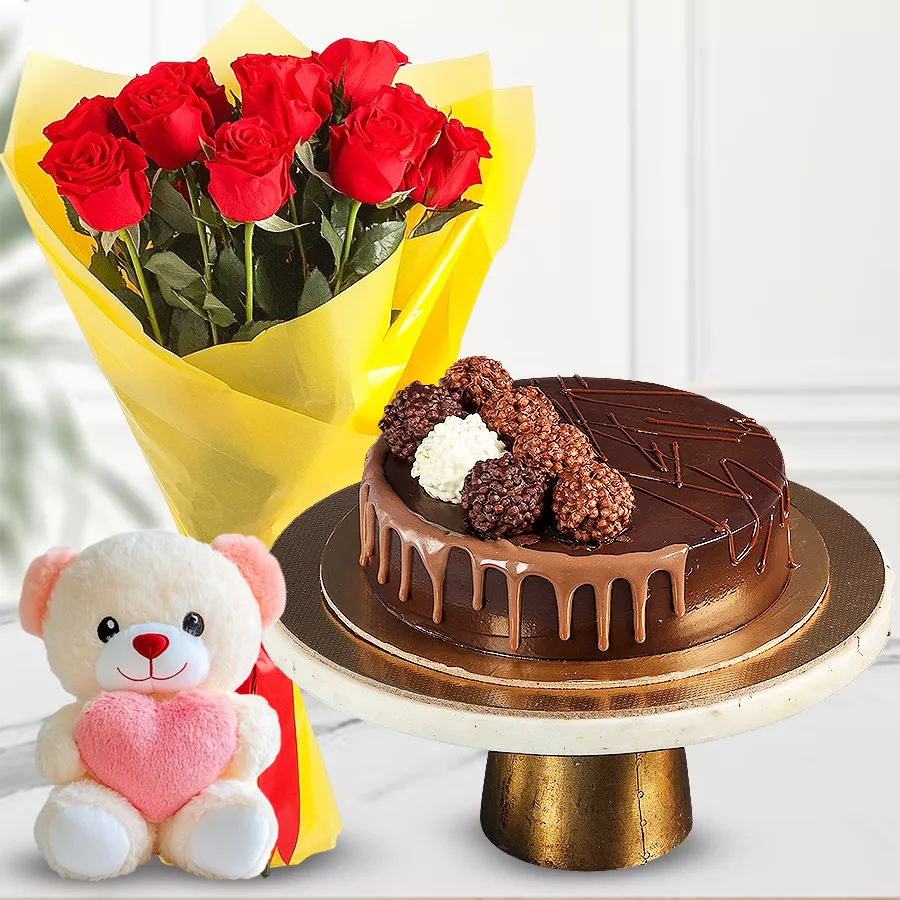 Sweet affection gift combo featuring a Chocolate Truffle Cake, 10 red roses bouquet, and a small teddy bear for expressing love.