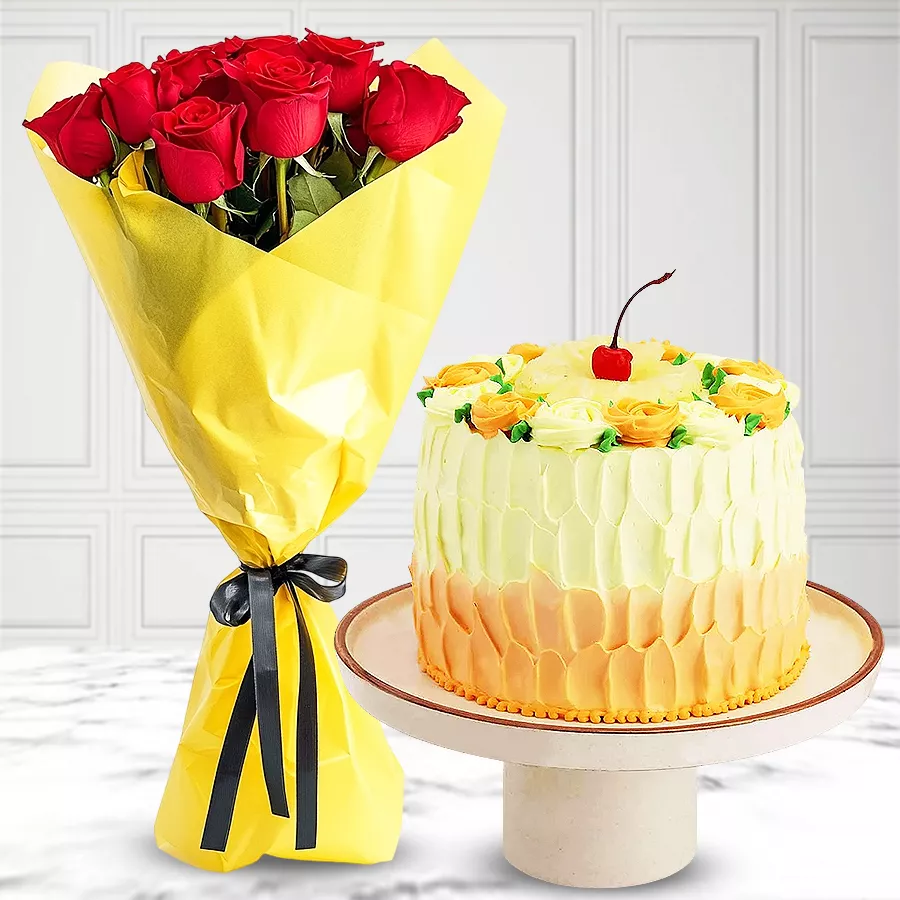 A vibrant red roses bouquet paired with a delicious 1Lb pineapple cake, perfect for gifting.