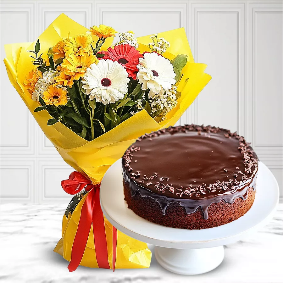 Eggless Chocolate Cake paired with a vibrant bouquet of mixed flowers.