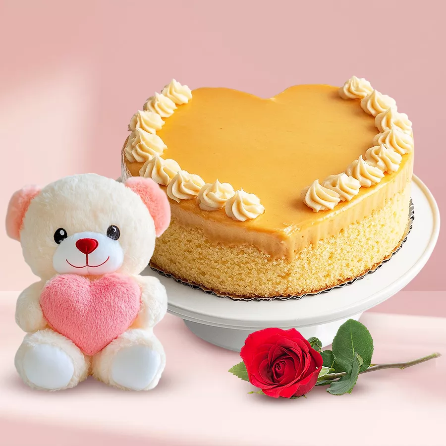 Butter Scotch Love Cake with a red rose and small teddy bear, ideal for expressing love.