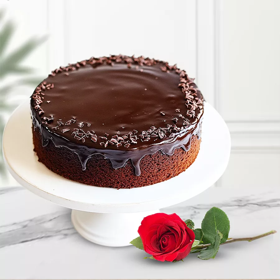 Eggless chocolate cake and single rose gift combo for special occasions.