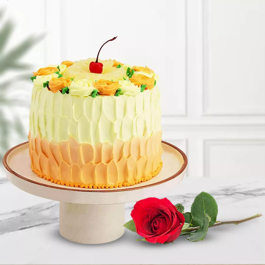 Eggless butterscotch cake with a single rose gift combo