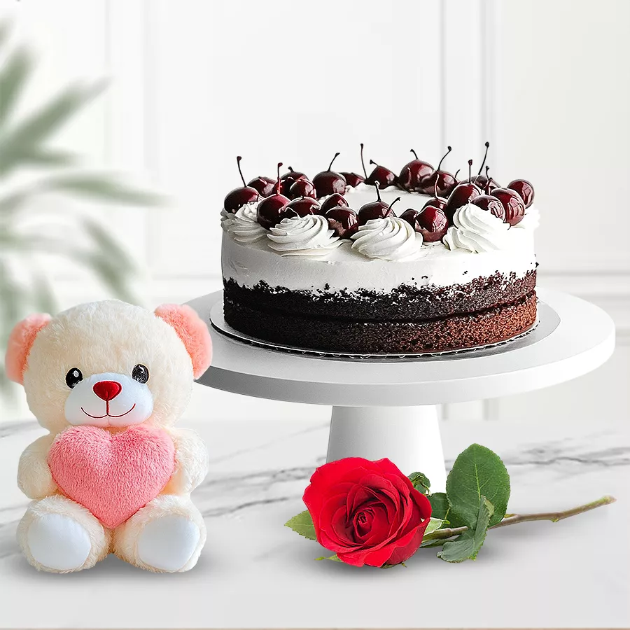 Heartfelt Eggless Cake Gift Set with Black Forest cake, teddy, and rose.