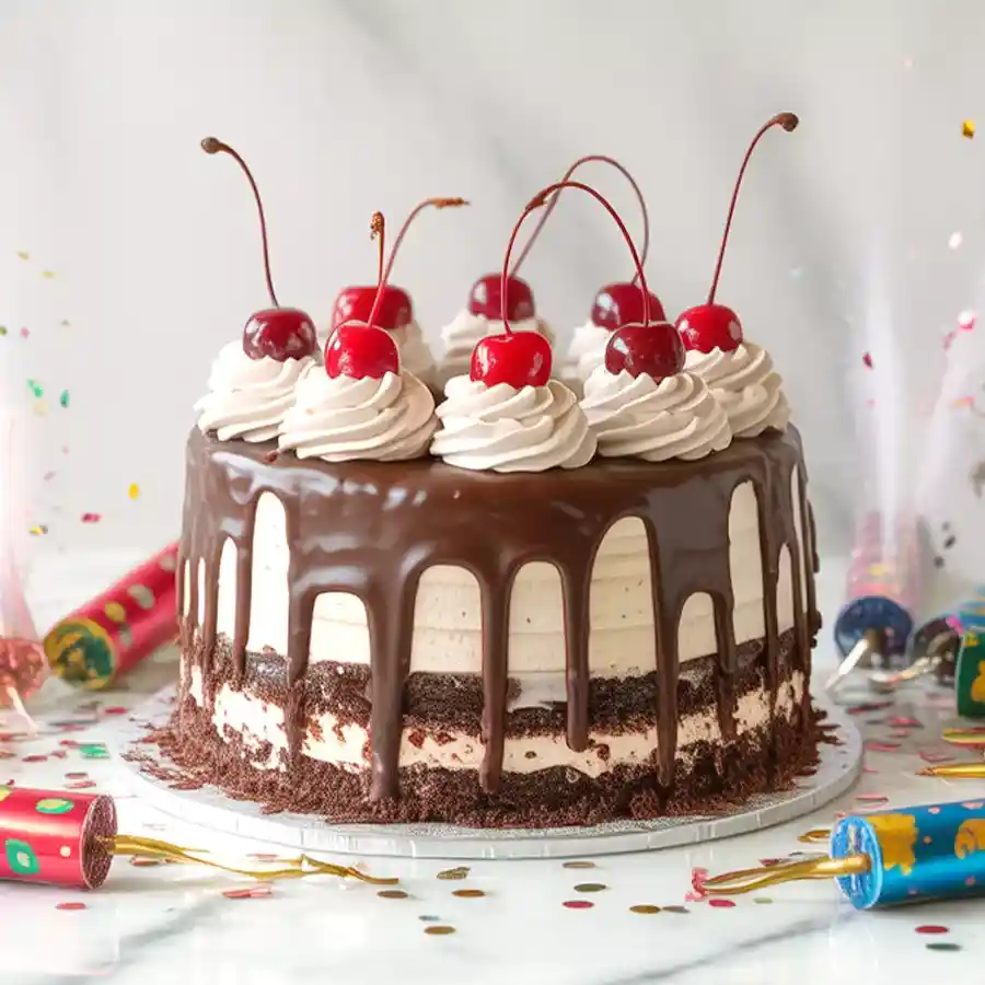 Fluffy Black Forest Cake with party poppers for a festive celebration.