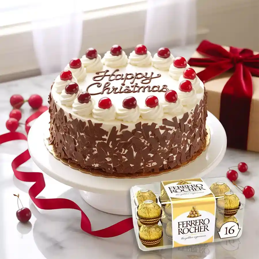 Indulgent Black Forest cake topped with Ferrero Rocher chocolates, perfect for holiday gifting.