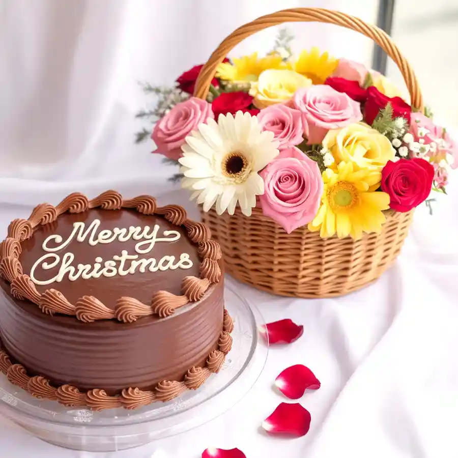 Signature Merry Xmas Chocolate Cake with a mixed floral basket.