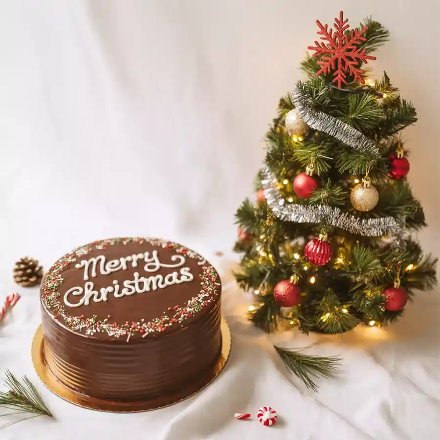 1 lb Silky Chocolate Cake accompanied by a cheerful 1 ft Xmas Tree gift.