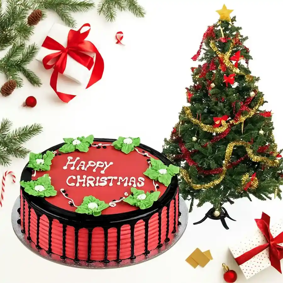 Elegant gift featuring 1 lb Strawberry Cake alongside a 1 ft Xmas Tree for festive celebrations.
