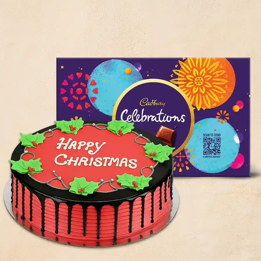 Yummy Strawberry Cake accompanied by assorted Cadbury chocolates, perfect for gifting.