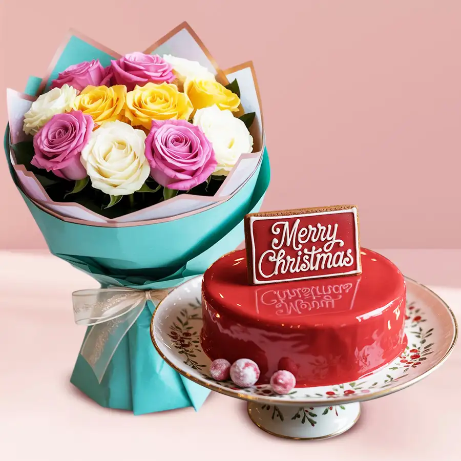 A gift pack featuring a 2.2 lb strawberry cake and a bouquet of 15 assorted roses, perfect for Christmas celebrations.