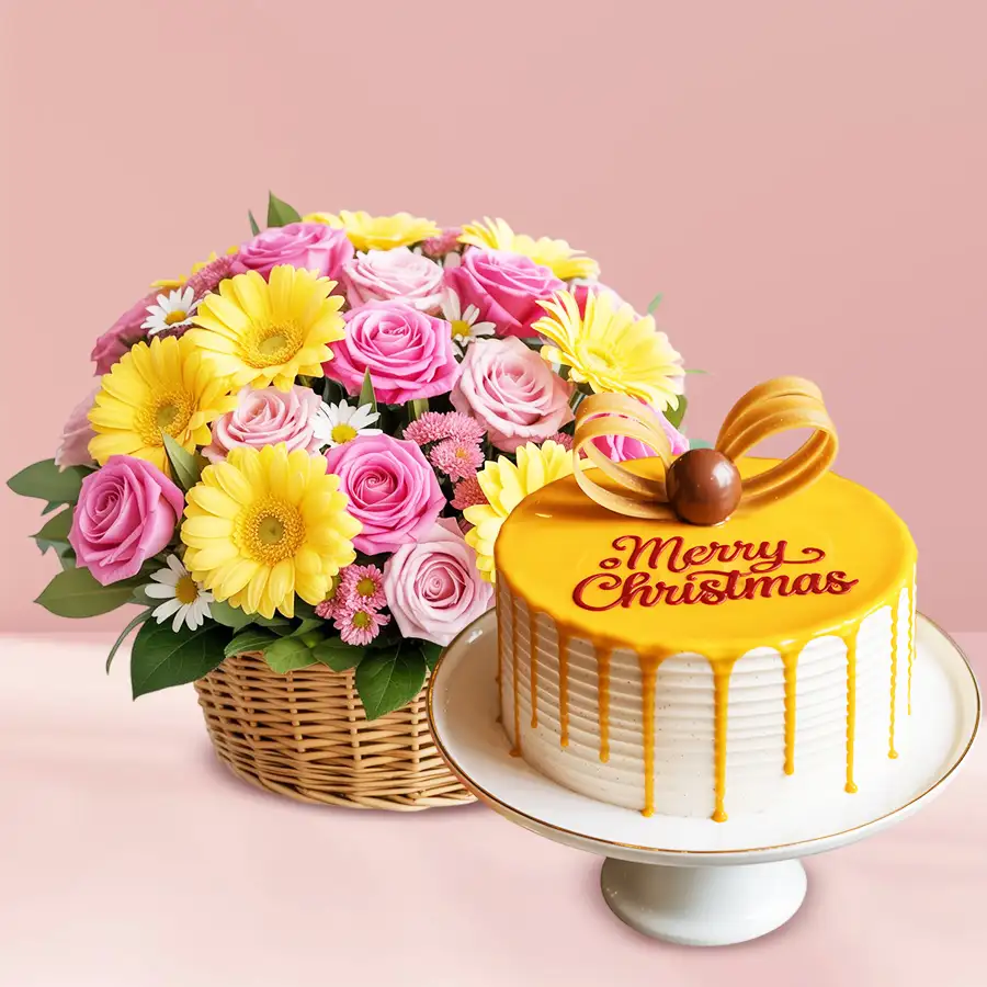 Butterscotch cake paired with a floral basket of seasonal flowers, perfect for Christmas gifting.