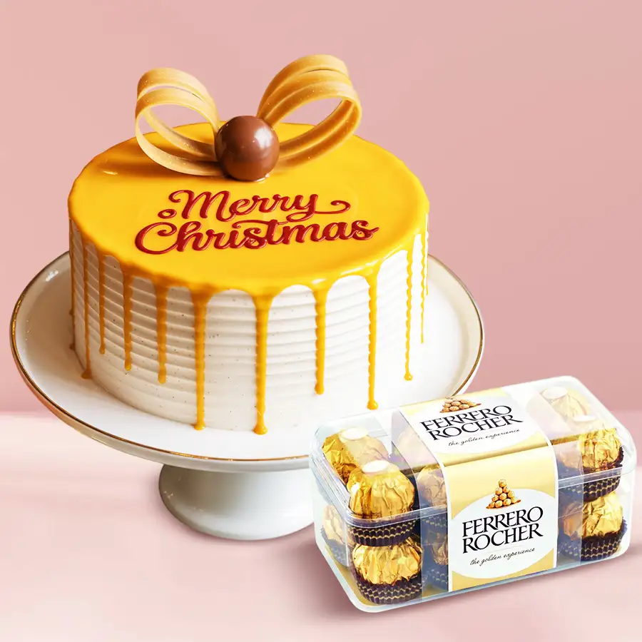 Luscious butterscotch cake with Ferrero Rocher chocolates for gifting.