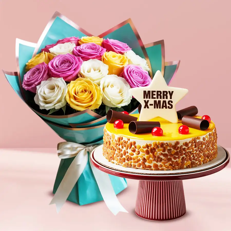 Enticing Butterscotch Cake with a bouquet of 15 assorted roses.