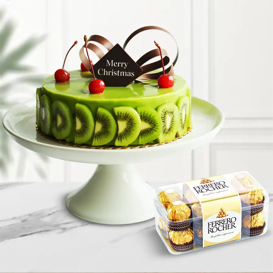 1 Lb Kiwi Cake with Ferrero Rocher Chocolate Box for festive celebrations.