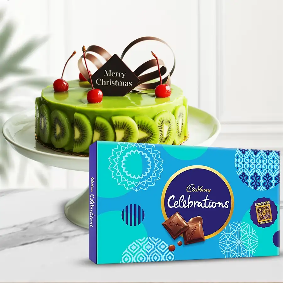Enticing Kiwi Cake with a Cadbury Celebrations Pack for gifting.