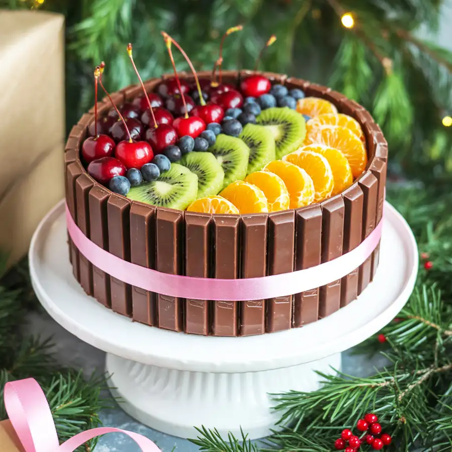 KitKat N Fresh Fruits Cake Delight, a joyful 1 lb cake blending chocolate and fresh fruits.
