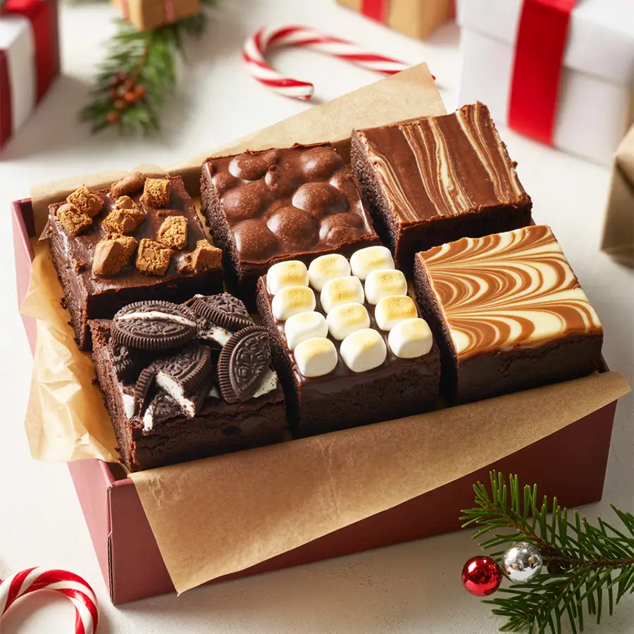 A festive collection of six freshly baked brownies in a holiday gift box, perfect for Christmas gifting.