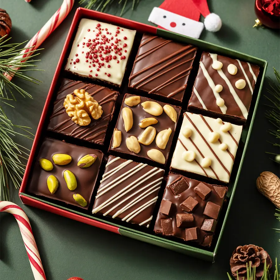Brownie Bliss Christmas Gift Pack containing 8 delightful brownies garnished for the festive season.