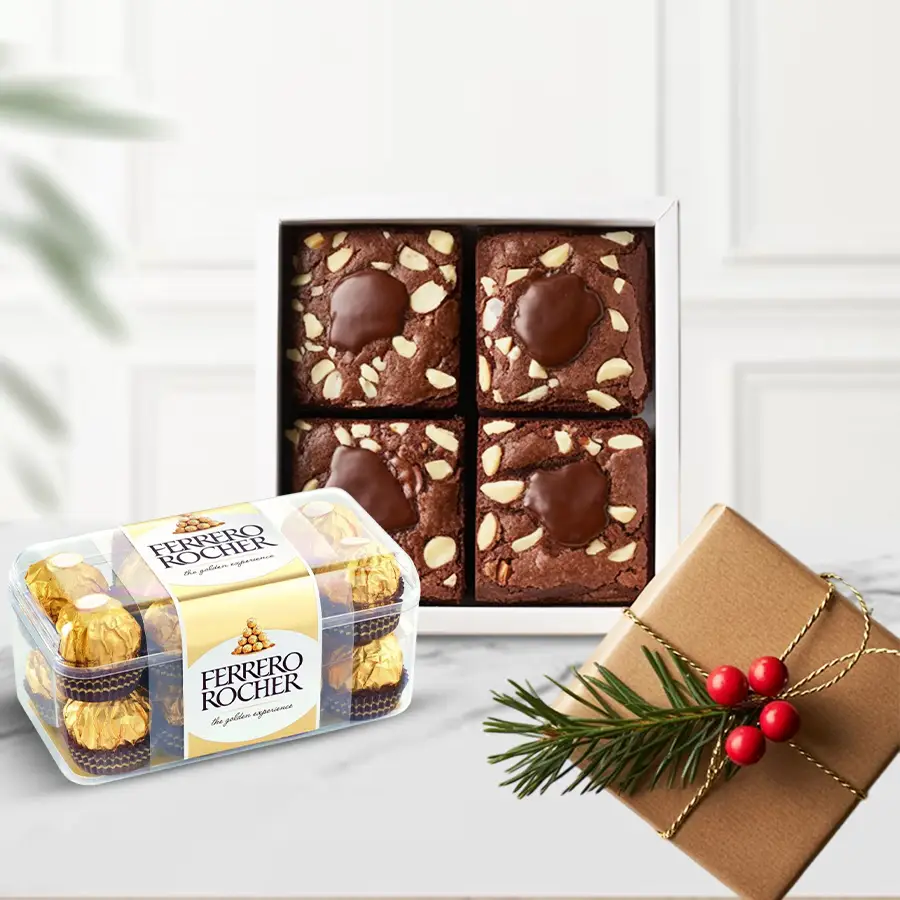 Four brownies and sixteen Ferrero Rocher chocolates arranged as a delightful gift.