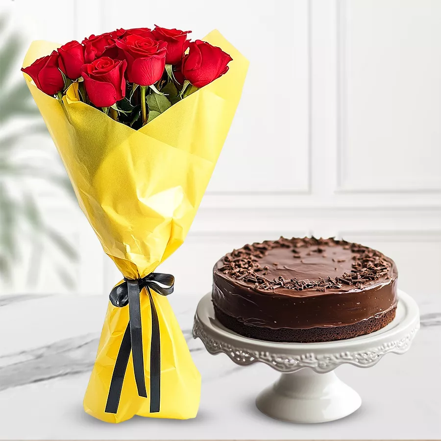 A gift combo of 10 red roses and a 500g chocolate cake, perfect for expressing love and joy.