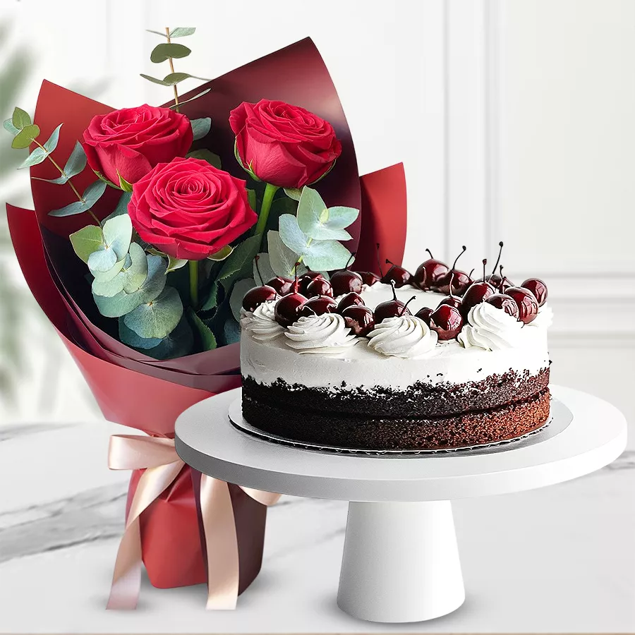 A beautiful bouquet of 3 red roses alongside a 500g Black Forest cake, ideal for gifting on special occasions.