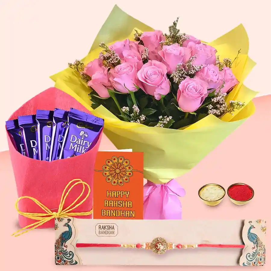 Heartfelt combination of pink roses and Cadbury chocolates, wrapped in pink tissue, with a Rakhi for a special occasion.