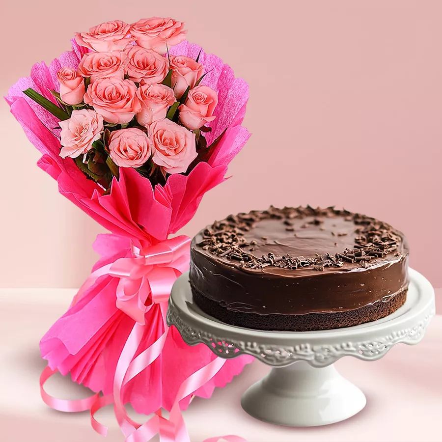 Enchanted Romance Gift Set featuring pink roses and chocolate cake.