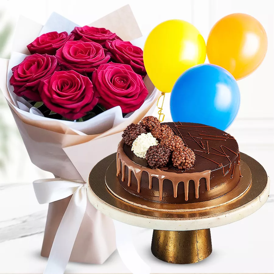 A beautiful gift combination featuring a Truffle Cake, red roses, and colorful balloons for a special celebration.