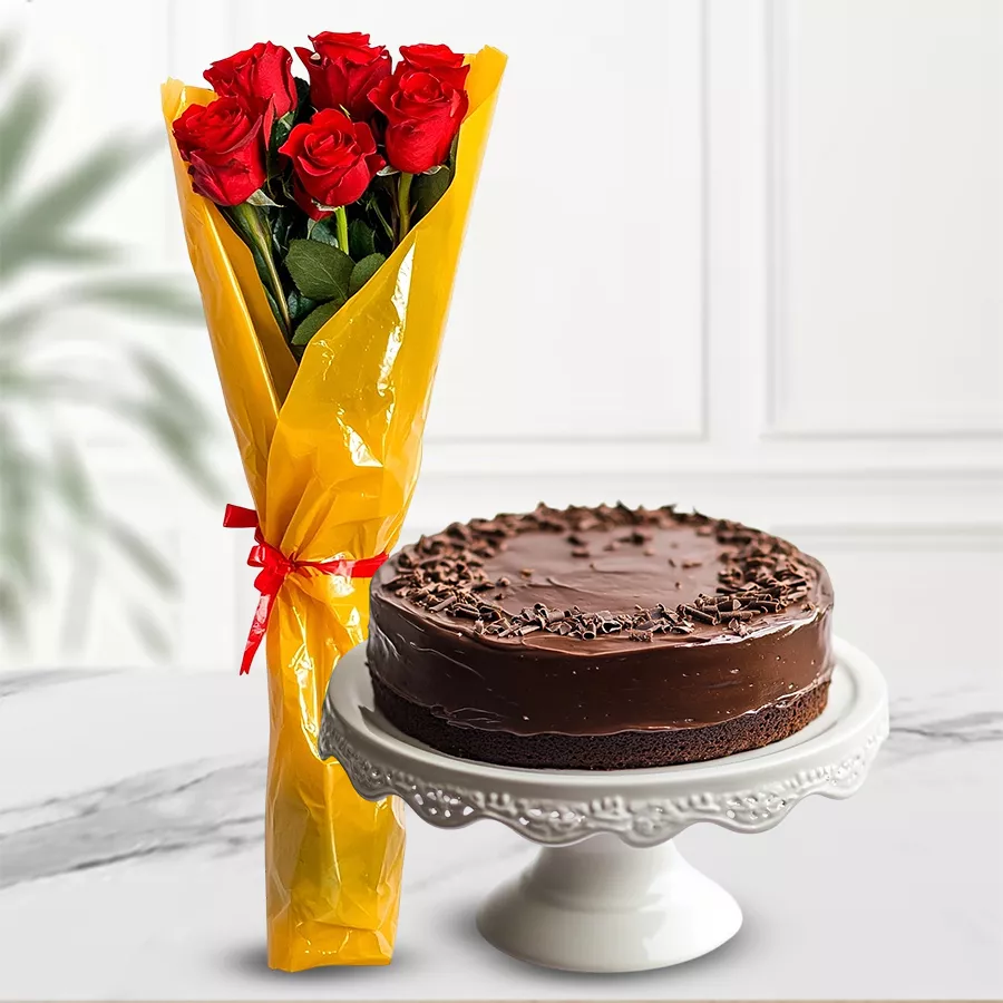 A delightful combo of a 1 lb chocolate cake and a bouquet of 6 red roses, symbolizing sweetness and romance.