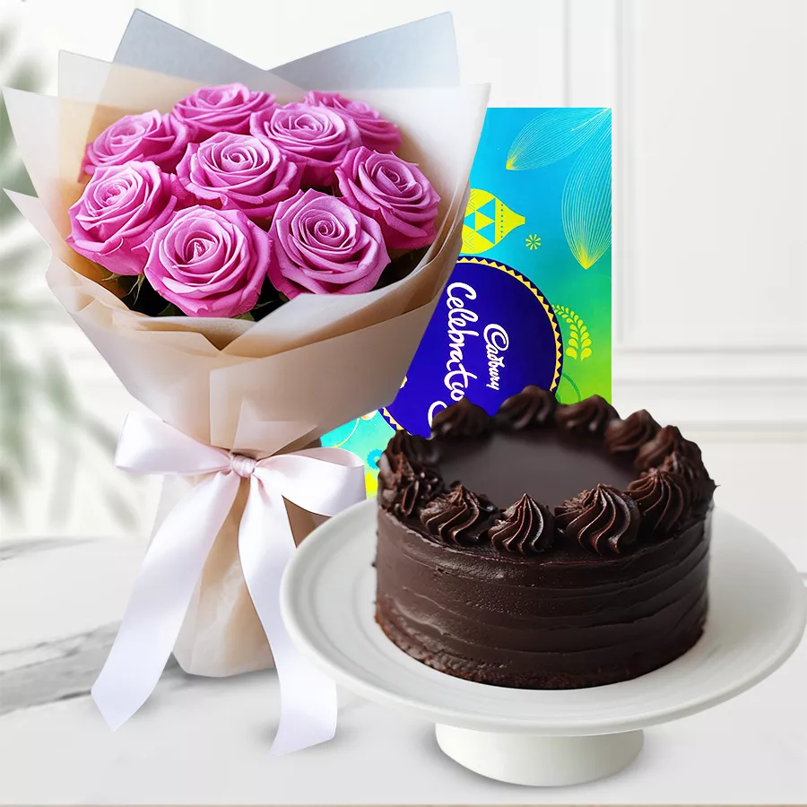Gift combo featuring 8 pink roses, dark chocolate cake, and Cadbury Celebrations pack, perfect for special occasions.