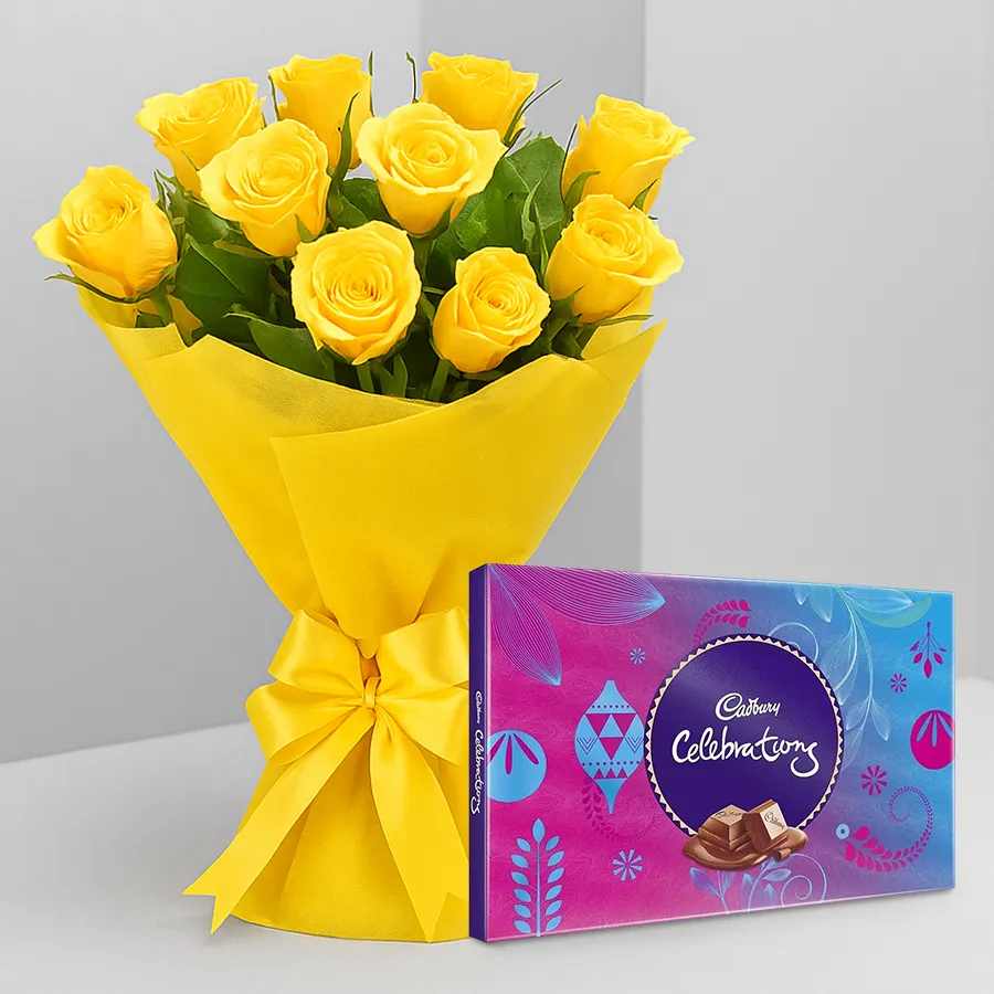A vibrant bouquet of 12 yellow roses alongside a Cadbury Celebrations pack, ideal for cheering up a loved one.