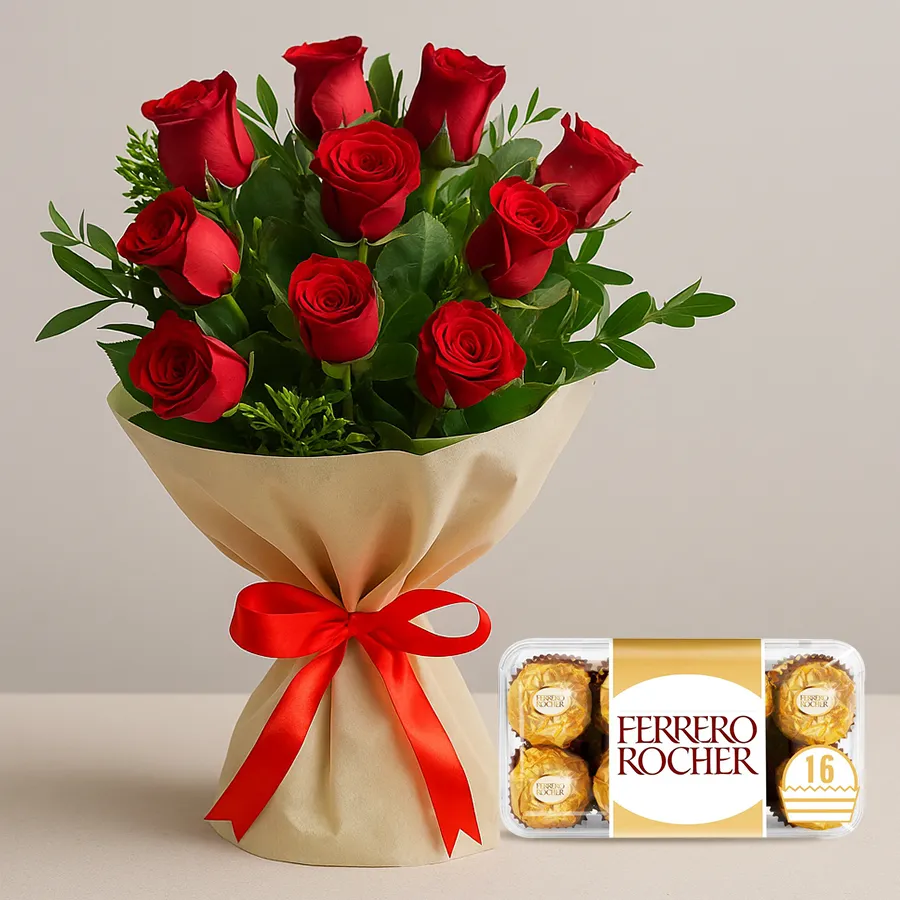 Bouquet of red roses accompanied by Ferrero Rocher chocolates, a perfect gift for expressing love and affection.